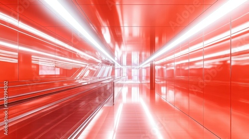 Futuristic Architecture with Vibrant Red Walls and Bright Illumination in a Minimalist Space Capturing Dynamic Movement and Modern Design Elements