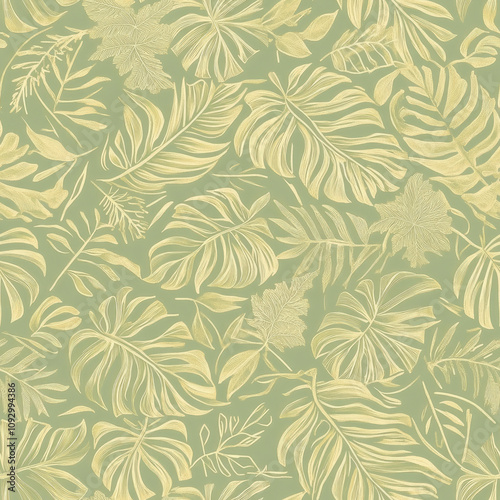 Wallpaper Mural botanical pattern, golden outlines of fern fronds and mostera leaves on a muted green background. Torontodigital.ca