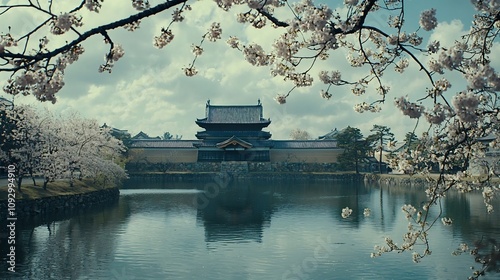 Picturesque wide angle view of a traditional Japanese castle with a moat surrounding it and vibrant cherry blossom trees in full bloom creating a serene and tranquil landscape photo