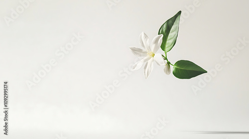 minimalist representation of single jasmine flower with green leaves, showcasing its delicate beauty against soft background. simplicity evokes sense of calm and tranquility