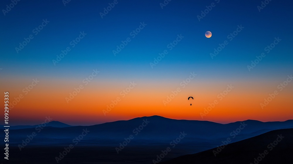 Breathtaking image of a paraglider gracefully soaring toward the captivating luminous moon during the magical twilight hours with hues of blue and orange painting the serene scenic mountain landscape Breathtaking image of a paraglider gracefully soaring toward the captivating luminous moon during the magical twilight hours with hues of blue and orange painting the serene scenic mountain landscape
