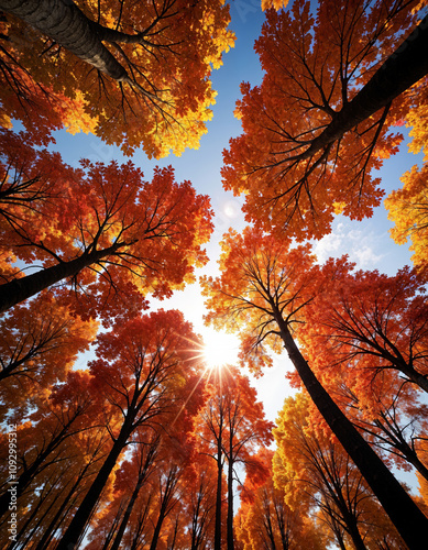 Tall trees with vibrant orange and red autumn leaves reaching up towards a bright blue sky with the sun peeking through the branches