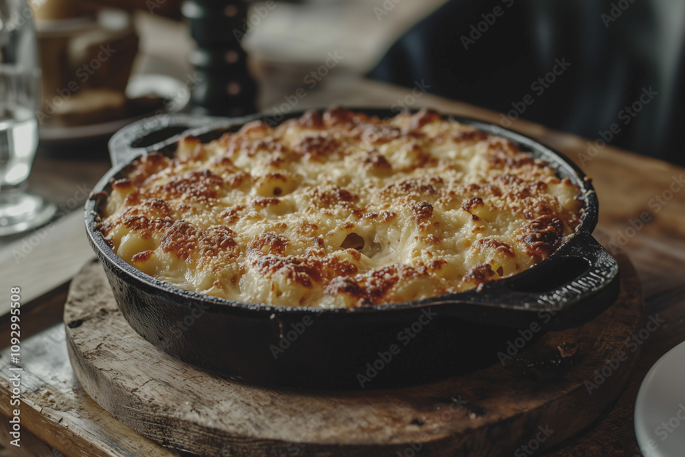 freshly baked macaroni and cheese in a cast iron skillet served on a wooden board