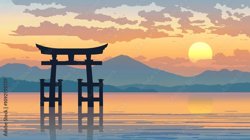 Serene Japanese Torii Gate Silhouette Standing in Tranquil Waters at Sunset with Distant Mountain Reflection Flat Minimalist Landscape Serene Japanese Torii Gate Silhouette Standing in Tranquil Waters at Sunset with Distant Mountain Reflection Flat Minimalist Landscape