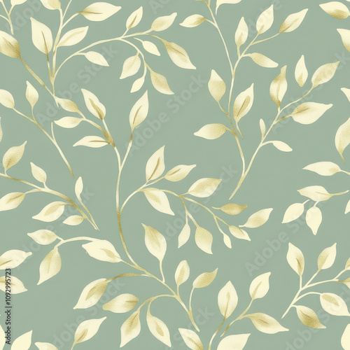 botanical pattern, golden leaf outlines on branches against a muted sage green background.