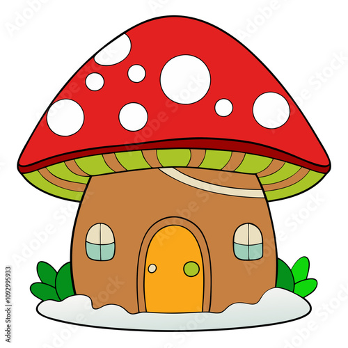 Enchanted Mushroom House: A whimsical illustration of a charming home nestled under a giant, red toadstool, perfect for children's books, fantasy art, and whimsical designs. 