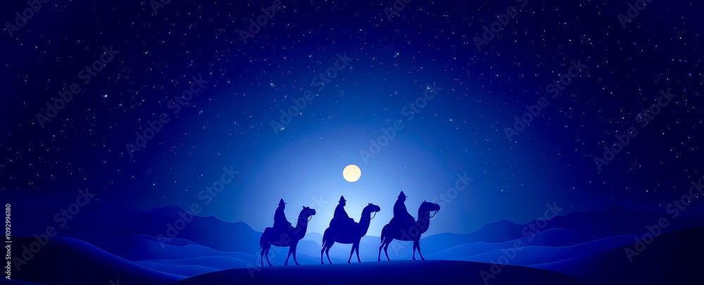 Naklejka premium A blue sky with a full moon and three camels. The camels are walking in a line and the moon is shining brightly in the sky
