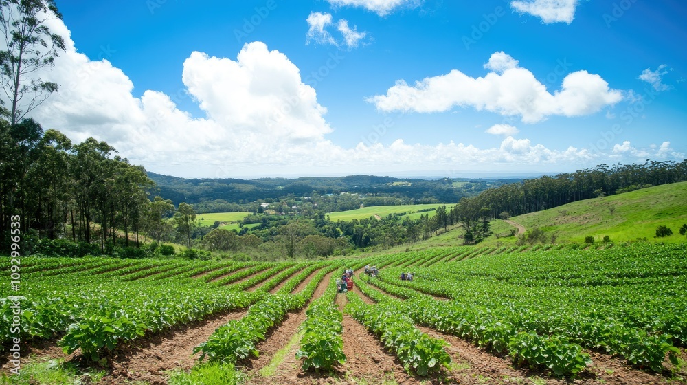Expansive View of Lush Green Fields Under Bright Blue Skies with Fluffy Clouds in a Picturesque Landscape Featuring Farmers at Work Expansive View of Lush Green Fields Under Bright Blue Skies with Fluffy Clouds in a Picturesque Landscape Featuring Farmers at Work