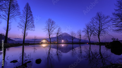 Fuji Mountain in Winter at night scene, Fumotoppara Campground, Fujinomiya, Shizuoka, Japan