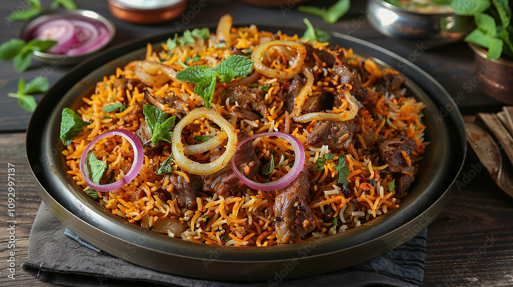 A platter of delicious and aromatic biryani, featuring succulent pieces of goat meat cooked with fragrant basmati rice, spices, and herbs, garnished with fried onions and mint leaves. A platter of delicious and aromatic biryani, featuring succulent pieces of goat meat cooked with fragrant basmati rice, spices, and herbs, garnished with fried onions and mint leaves.