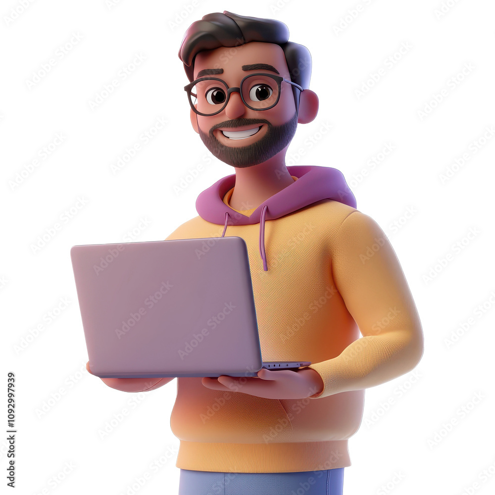 Smiling Cartoon Man Holds Laptop Computer Smiling Cartoon Man Holds Laptop Computer