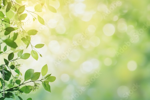 A leafy green background with a tree branch in the foreground