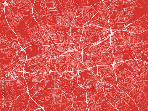Christmas Map of Dortmund, Germany in Snowy White on Festive Red Background.