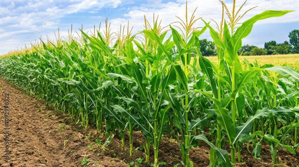 Lush Green Cornfield Under Blue Sky with Wispy Clouds Showcasing Healthy Corn Plants Growing Tall on a Fertile Farm Landscape in Summer Season