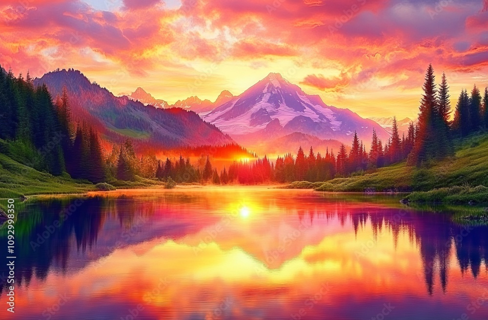 Sunset Over Mount Rainier with Reflection in Alpine Lake. AI generated illustration Sunset Over Mount Rainier with Reflection in Alpine Lake. AI generated illustration