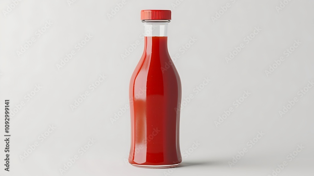 A glass bottle filled with red sauce, typically used as a condiment for various dishes. A glass bottle filled with red sauce, typically used as a condiment for various dishes.