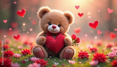 Charming teddy bear holding a heart and surrounded by flowers and hearts, symbolizing love and companionship
