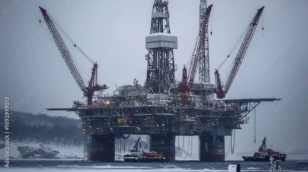 Towering oil rig structure with multiple cranes in motion and visible workers on an offshore industrial platform in a cold cloudy winter landscape Towering oil rig structure with multiple cranes in motion and visible workers on an offshore industrial platform in a cold cloudy winter landscape