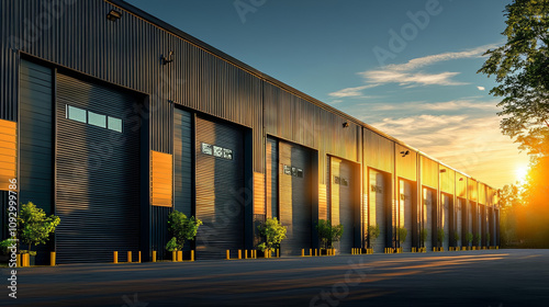 Multi purpose warehouse spaces. modern warehouse in industrial park at sunset, showcasing large roll up doors and vibrant colors reflecting evening light.