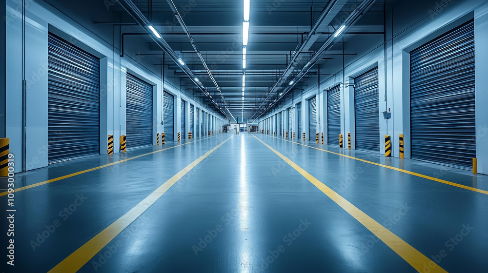 Multi purpose warehouse spaces. spacious warehouse interior featuring clean, well lit aisles and rolling doors. polished floor reflects bright overhead lights, creating modern industrial atmosphere Multi purpose warehouse spaces. spacious warehouse interior featuring clean, well lit aisles and rolling doors. polished floor reflects bright overhead lights, creating modern industrial atmosphere