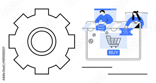 Large gear with screen displaying online shopping cart, cashback offer, and percentage discount symbols. Ideal for e-commerce, online shopping, cashback services, digital marketing, technology blogs