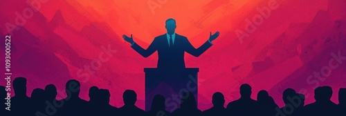 A high-definition illustration of a leader giving a speech with hands raised, capturing the attention of an engaged audience in a large corporate hall