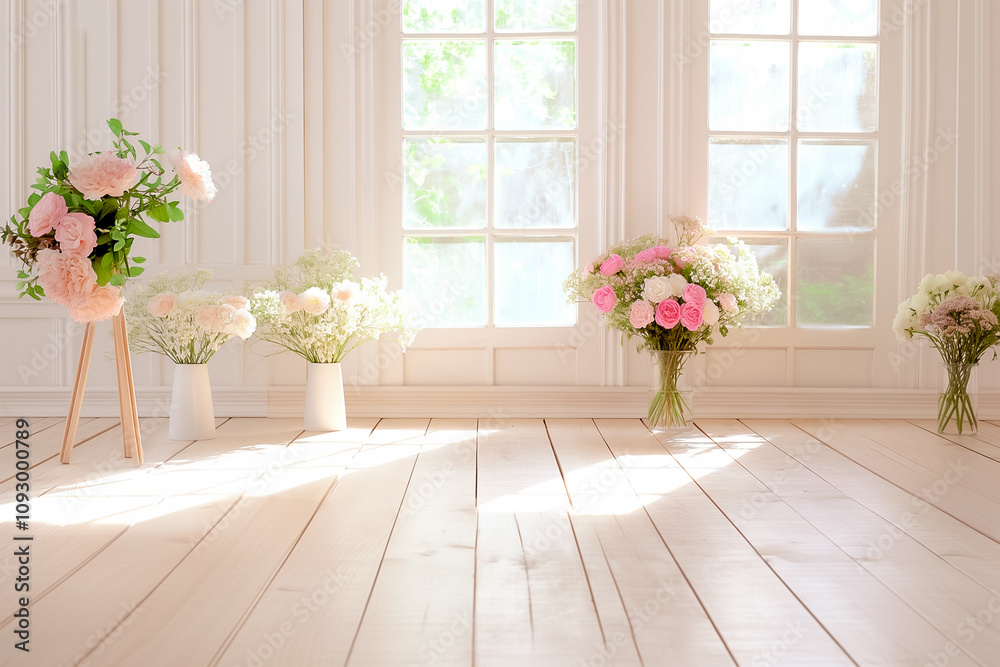 Bright room features beautifully arranged flowers in vases, highlighting elegance and charm in a serene atmosphere Bright room features beautifully arranged flowers in vases, highlighting elegance and charm in a serene atmosphere