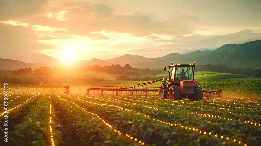 Tech-Driven Agriculture: Farmer employing advanced machinery and digital tools to optimize agricultural production and minimize environmental impact. Tech-Driven Agriculture: Farmer employing advanced machinery and digital tools to optimize agricultural production and minimize environmental impact.