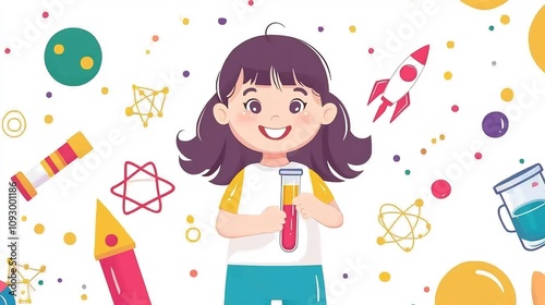 Cheerful Child Holding Test Tube with Colorful Liquid Surrounded by Science Symbols Like Atoms Rockets and Beakers Symbolizing the Fun and Excitement of Scientific Experimentation and Discovery