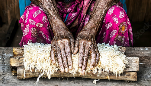 Close-up of weathered hands of an elderly woman working with fibers, showcasing age, texture, and traditional craft.