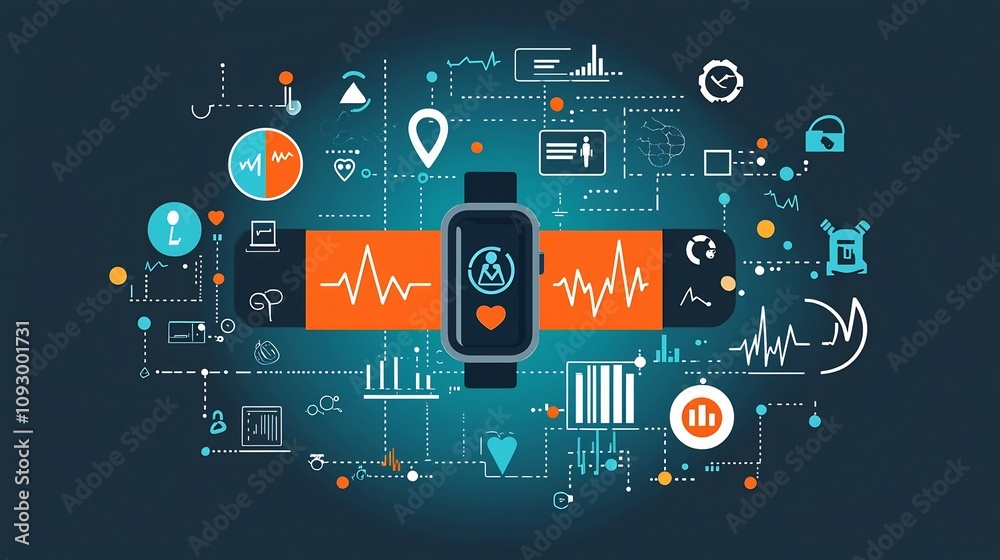 Clean and minimalist flat design of a patient wearing a fitness tracker device with various health data icons such as heart rate calories burned Clean and minimalist flat design of a patient wearing a fitness tracker device with various health data icons such as heart rate calories burned
