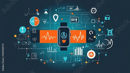 Clean and minimalist flat design of a patient wearing a fitness tracker device with various health data icons such as heart rate calories burned