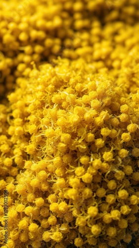 Bright yellow Mimosa flowers in full bloom showcasing intricate details on a sunny day in a natural setting photo