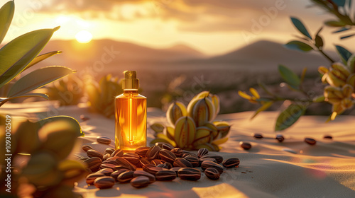 Nourishing Jojoba Oil for Glowing Skin, Surrounded by Natural Jojoba Seeds and a Tranquil Desert Backdrop photo