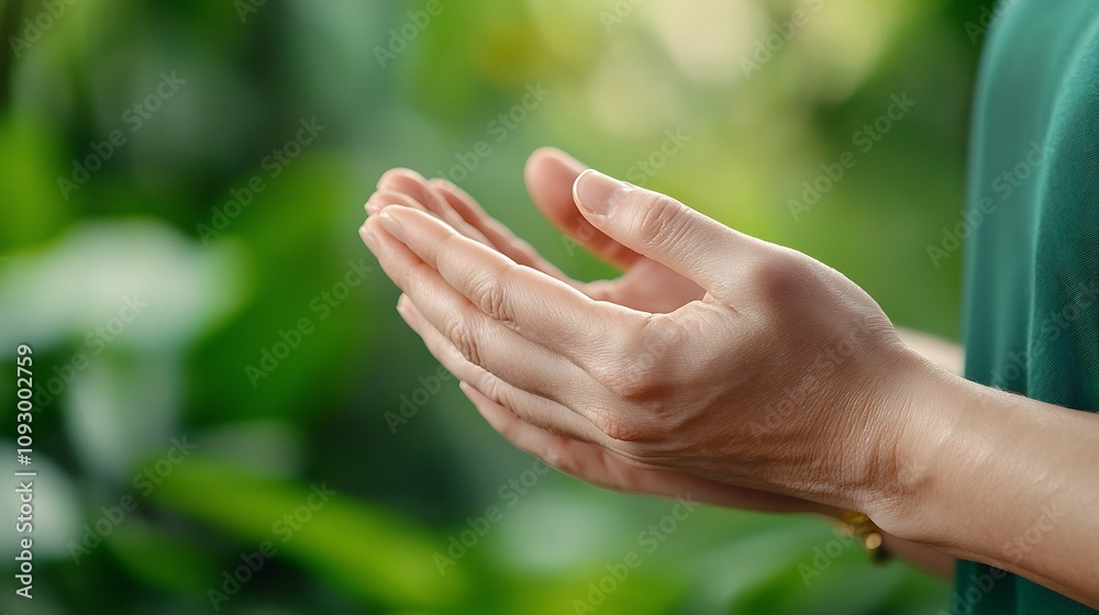 Close up of human hands in prayer Namaste pose in front of a Ganesha statue capturing a sense of reverence devotion and spiritual connection with soft natural lighting illuminating the scene Close up of human hands in prayer Namaste pose in front of a Ganesha statue capturing a sense of reverence devotion and spiritual connection with soft natural lighting illuminating the scene