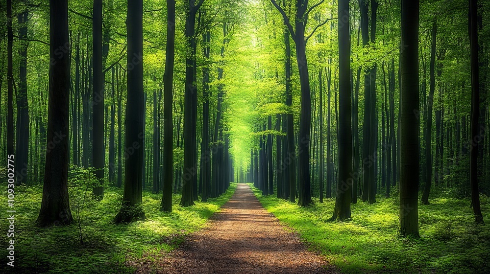 Obraz premium Beautiful Green Forest with Trees and a Path in Spring or Summer. AI generated illustration
