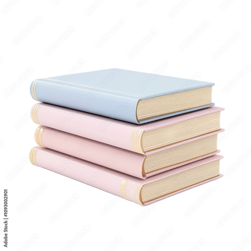 A neat stack of three books with light blue and pink covers and gold detailing sits against a black background. A neat stack of three books with light blue and pink covers and gold detailing sits against a black background.