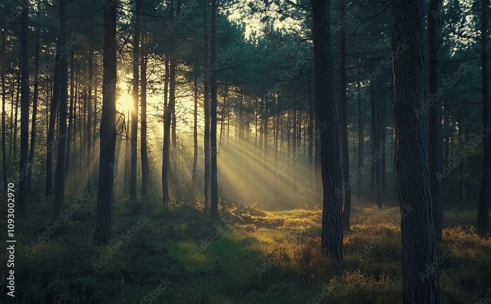 Obraz premium Spring Forest Landscape with Tall Pine Trees at Sunrise, AI generated illustration