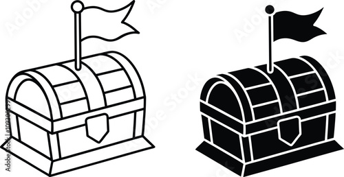 Treasure Chest Icons Line Art, Silhouette, Flag, Reward, Game