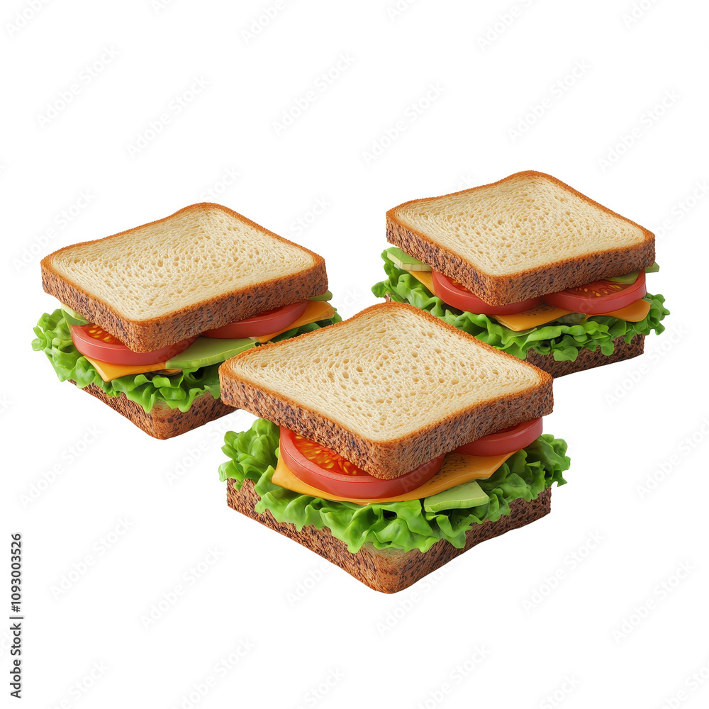 Three square sandwiches filled with lettuce tomato and cheese are shown against a black background. Three square sandwiches filled with lettuce tomato and cheese are shown against a black background.