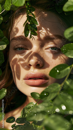 Healthy Skin with Moringa Oil Extract in a Lush Tropical Garden Surrounded by Moringa Leaves for a Natural Skincare Boost photo