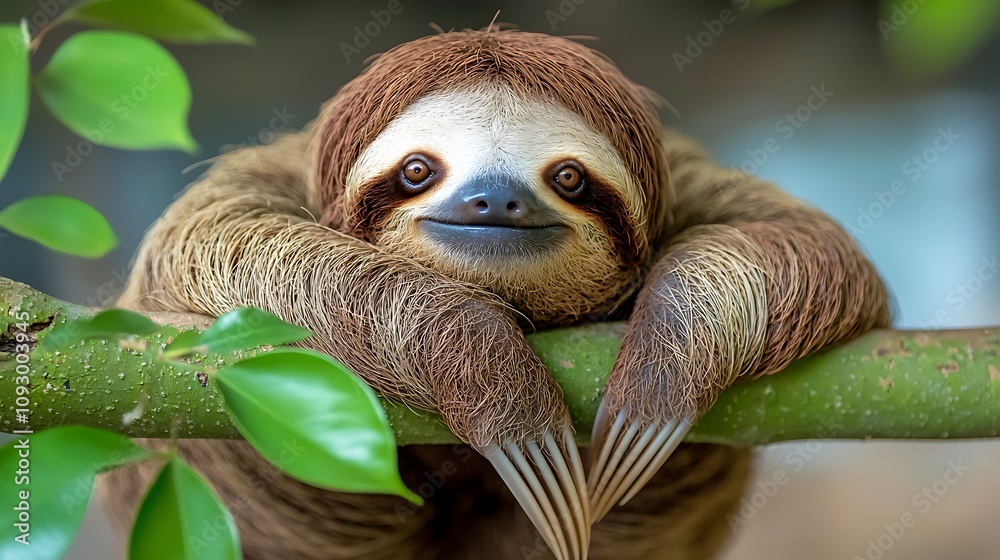 Fototapeta premium A leisurely sloth lounging on a vibrant green tree branch, a comical expression on its face as it relaxes in the warm summer sun.