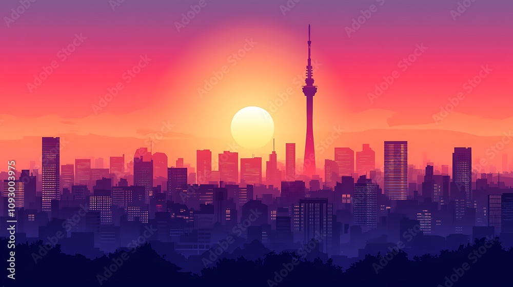 Silhouette Cityscape at Sunset with Tower, Vibrant Gradient Sky Silhouette Cityscape at Sunset with Tower, Vibrant Gradient Sky