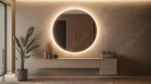 Stylish entryway featuring a halo-lit circular mirror over a textured taupe wall, with a modern floating console displaying minimal decor.  photo