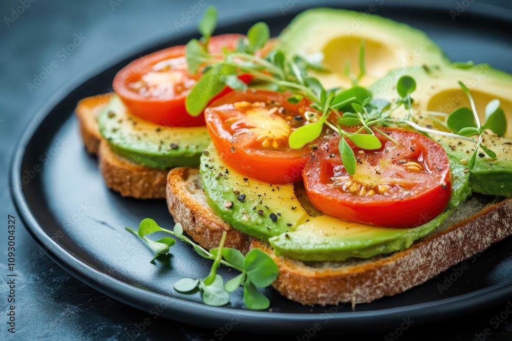 A plate of toasted bread topped with avocado slices, cherry tomatoes, and microgreens A plate of toasted bread topped with avocado slices, cherry tomatoes, and microgreens