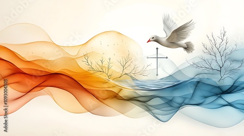 A vibrant banner featuring images of a dove, water, and a cross, symbolizing the Christian sacraments of Baptism and Confirmation, representing spiritual rebirth and the strengthening of faith.