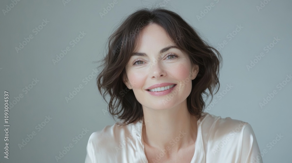 portrait of a smiling 40 year old beautiful woman with natural makeup in a silk robe on a light grey background, beauty and skin care concept, anti age portrait of a smiling 40 year old beautiful woman with natural makeup in a silk robe on a light grey background, beauty and skin care concept, anti age