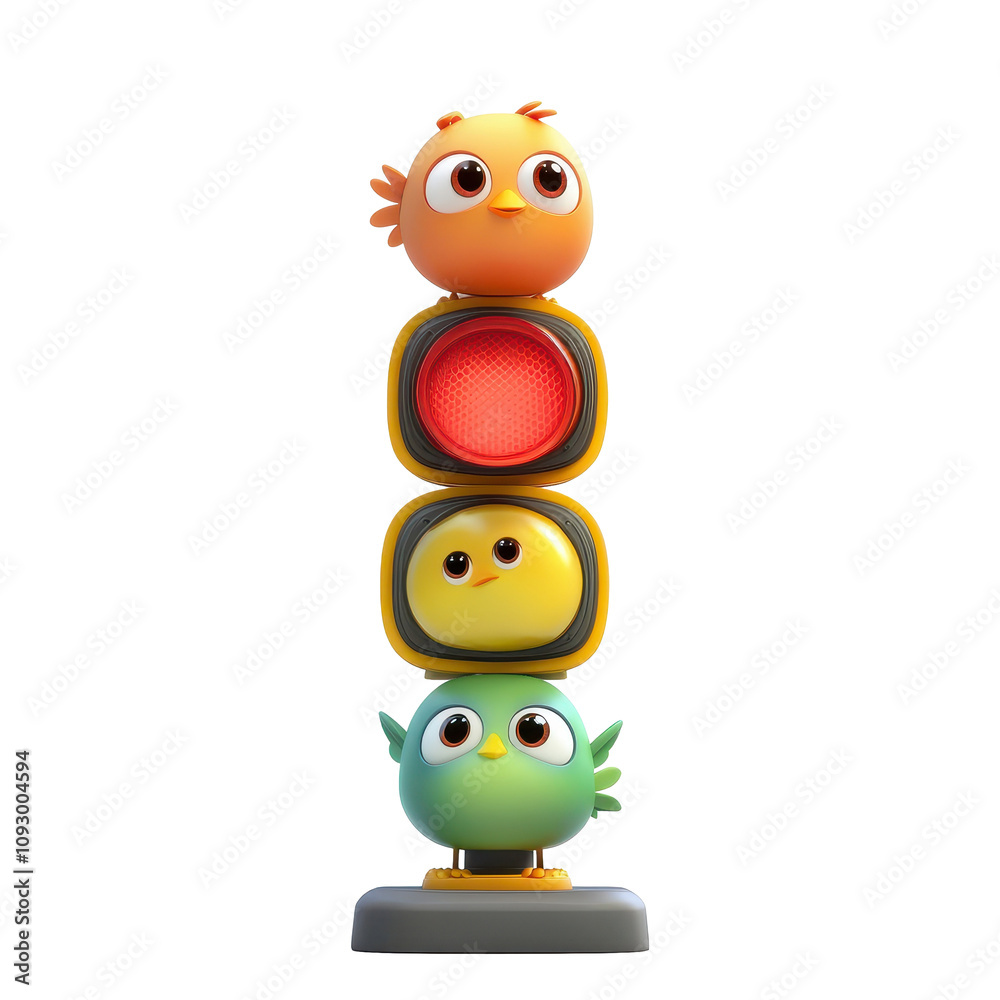 A whimsical 3D rendering of three cartoon birds perched atop a traffic light, each bird a different color. A whimsical 3D rendering of three cartoon birds perched atop a traffic light, each bird a different color.