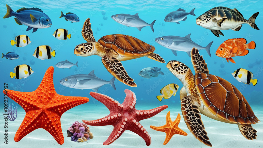 Collection of sea or marine animals life isolated on background, underwater of fish, starfish, octopus and sea turtle Collection of sea or marine animals life isolated on background, underwater of fish, starfish, octopus and sea turtle