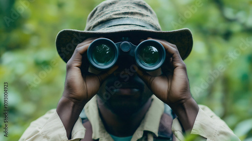 Hunter on safari looking through binoculars, a male explorer searching for wildlife and discovery, holding a lens during an adventurous journey in nature photo